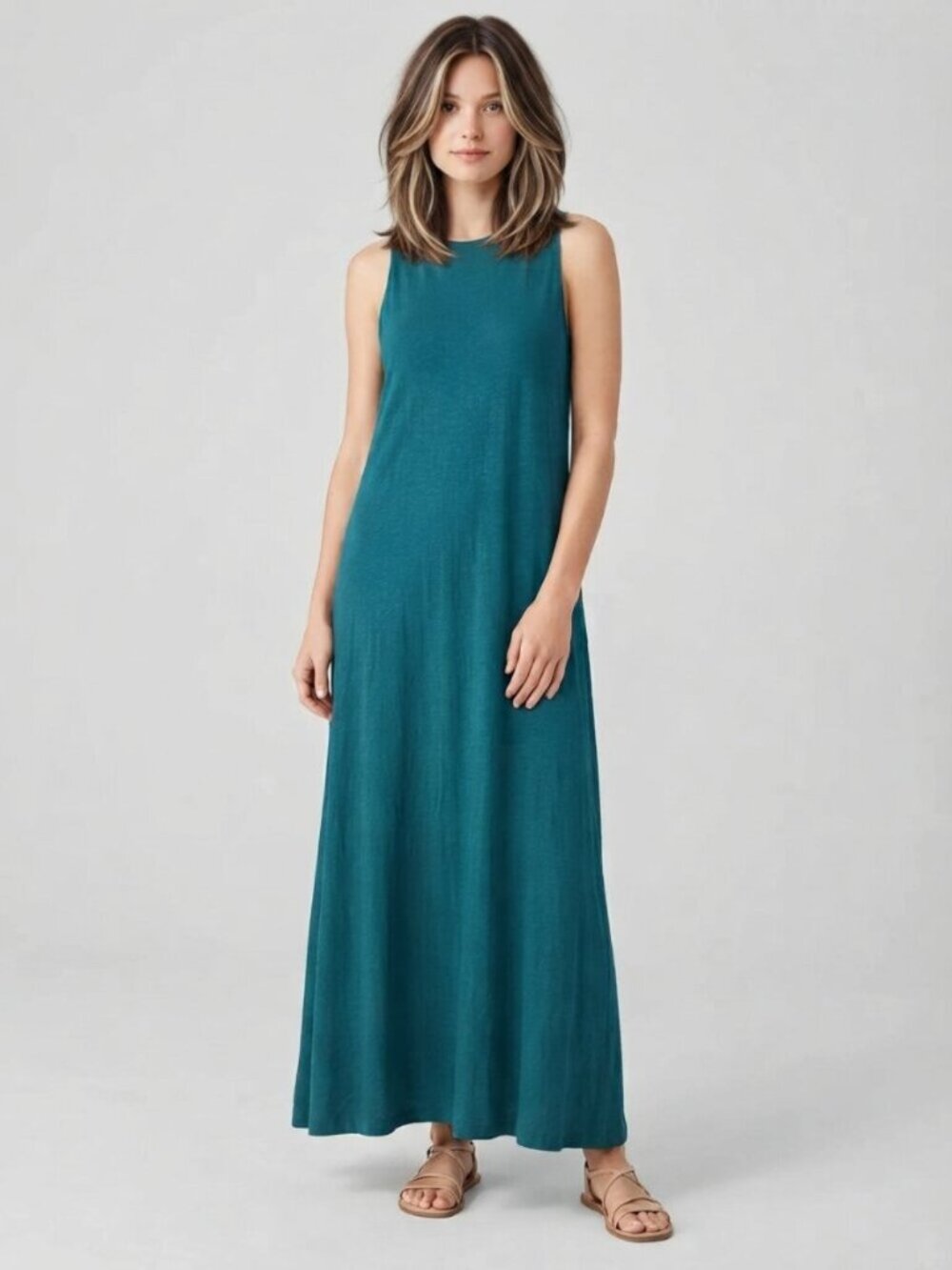 J Jill Wearever Sleeveless Teal Knit A-Line Maxi Dress Size Large Petite LP